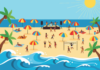 Obraz premium A lively beach scene with people playing and relaxing