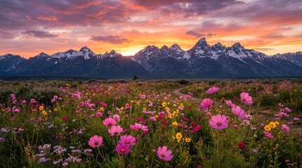 Obraz premium Dramatic Mountain Range at Sunset with Wildflower field blooms during range
