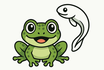 Obraz premium Cute cartoon green frog and a small white tadpole character shown together on a simple light background for biology education and nature themes.
