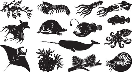 Set of various deep sea animals and marine creatures silhouettes © Shammi