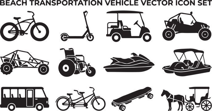 Set of beach transportation vehicle icons, including bicycle, scooter, golf cart, buggy, wheelchair, jet ski, pedal boat, bus, tandem bike, skateboard, and horsedrawn carriage