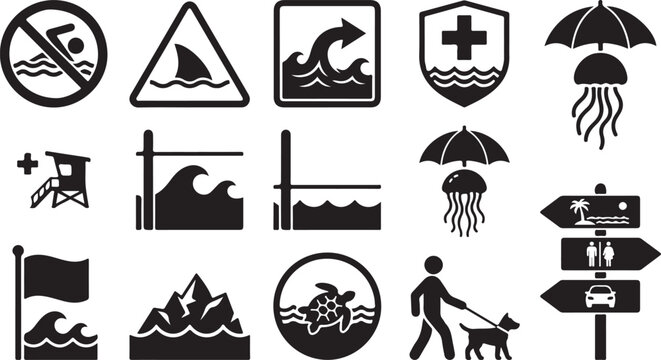 Set of beach and ocean icons including shark warning, lifeguard, jellyfish, waves, and navigation signs