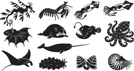 Collection of marine animals silhouettes, underwater creatures, sea life icons © Shammi