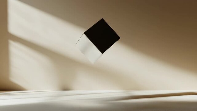 Floating metallic cube in sunlight creating shadows on beige surface