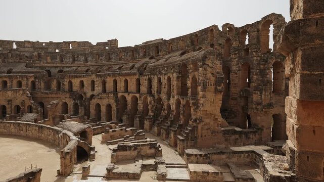 Remains of ancient Roman amphitheater in Tunis, El Jam, places of entertainment and entertainment. Legacy of Roman Empire in North Africa.