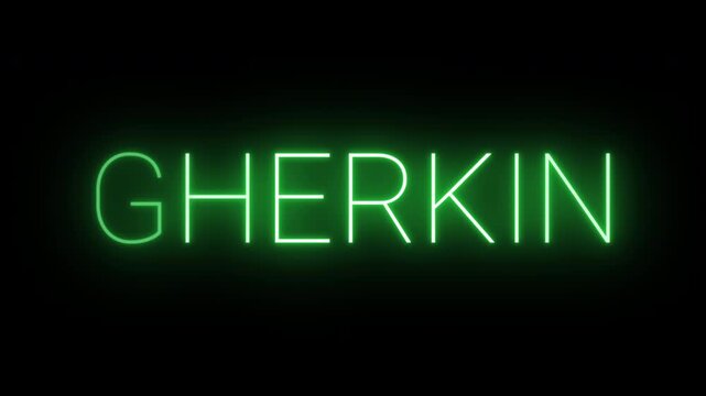 Flickering neon green glowing gherkin sign animated black background.