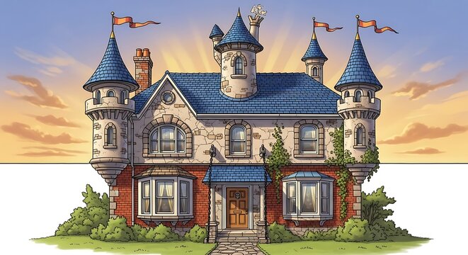 Fairytale castle with turrets and colorful windows at sunset.