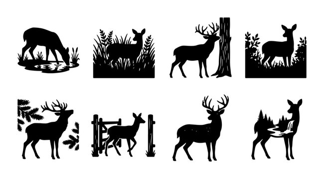 Deer Silhouette Collection, Wildlife Vector Graphics, Forest Animals, Nature Scenes, Hunting Icons, Rustic Design Elements, Black and White Animal Silhouettes