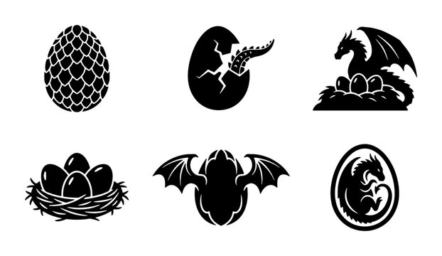 Mythical Dragon Egg and Hatchling Icons, Fantasy Creature Silhouettes, Magical Serpent Nest Graphics, Vector Set for Fantasy Art and Gaming