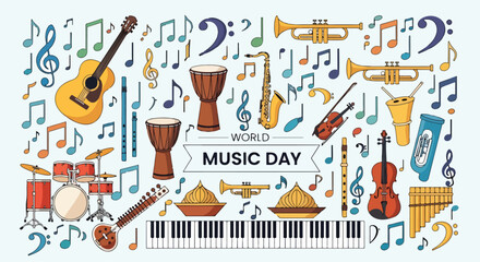 Colorful illustration of various musical instruments © Junet