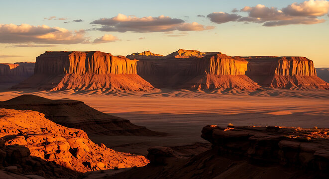 Sunrise over dramatic sandstone buttes in monument valley desert landscape with landscape sandstone formation wilderness southwest geological outdoors