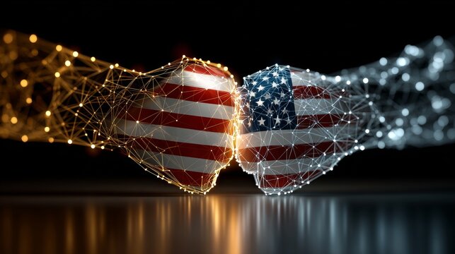 Fiery divide between nations through flags. Connected systems. Inferno of flags: a symbolic divide. Tech ecosystem. Intelligent grid.