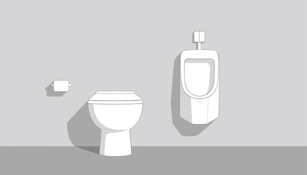Clean minimalist bathroom interior showcasing a white toilet bowl and a modern wall-mounted urinal against a neutral gray background.