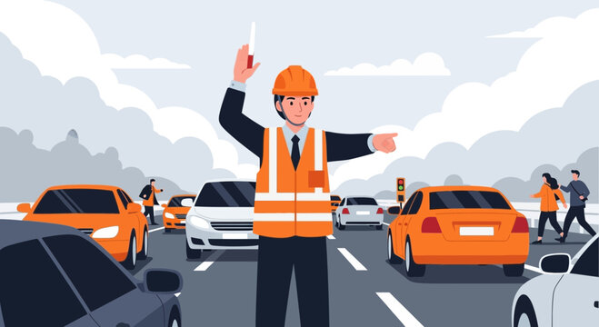 Traffic Controller Directing Cars on Busy Highway
