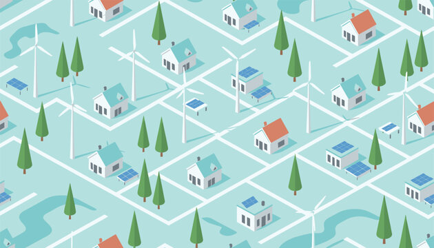 Isometric repeating pattern of a green sustainable town featuring white houses with solar panels, tall wind turbines, and evergreen trees.