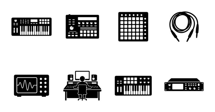 Music Production Equipment Icons, Digital Audio Workstation Gear, Synthesizer, MIDI Controller, Sound Mixer, Studio Setup, Electronic Music Instruments
