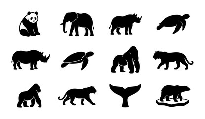 Collection of Diverse Animal Silhouettes, Vector Icons for Wildlife and Nature Graphics, Safari and Zoo Themes, Including Panda, Elephant, Rhino, Tiger, Gorilla, Turtle, and Polar Bear © Hasan