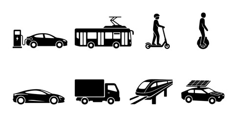 Modern Transportation Icons: Electric Cars, Tram, Scooter, Unicycle, Truck, Train, Solar Car Collection © Mahia