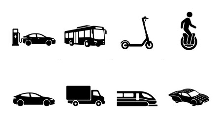 Modern Transportation Icons Set: Electric Car Charging, Bus, Scooter, Unicycle, Sedan, Truck, High-Speed Train, Sports Car © Mahia
