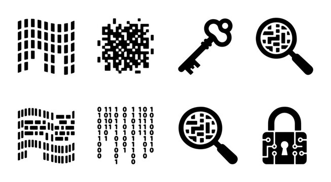 Digital Security Icons: Data Encryption, Key, Magnifying Glass, Binary Code, Padlock, Abstract Patterns, Technology Concepts
