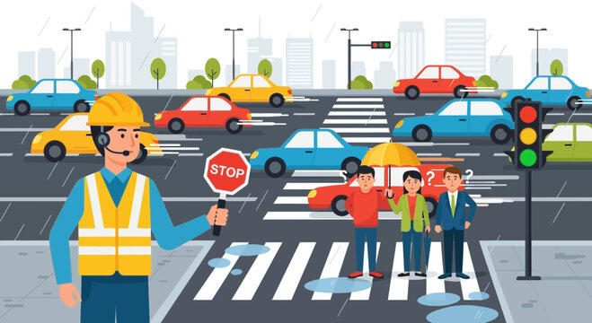 Traffic controller halting cars at crosswalk in rainy city street, people waiting