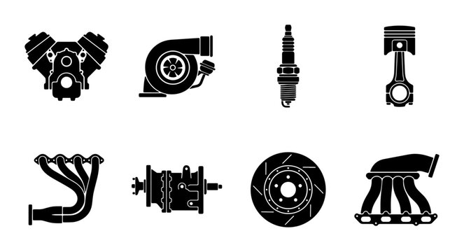 Automotive Engine Parts Vector Icons Set, Turbocharger, Spark Plug, Piston, Exhaust Manifold, Transmission, Brake Disc, V8 Engine, Car Mechanics, Performance Tuning