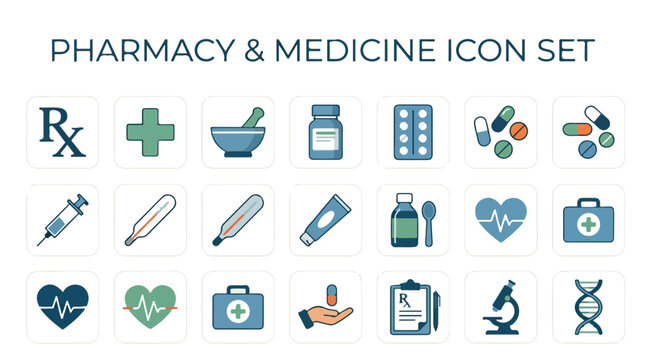 Pharmacy, medicine icon set, 20 blue medical symbols, healthcare signs