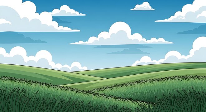 Rolling green hills under bright blue summer sky.