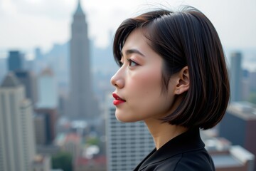Fototapeta premium Profile view of a woman against a city skyline
