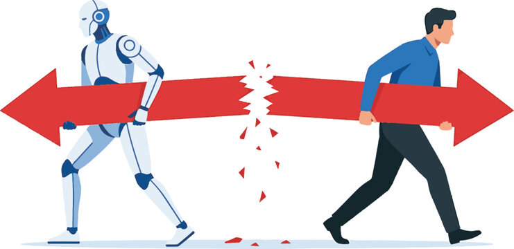 Human and robot walking away from each other with a broken arrow