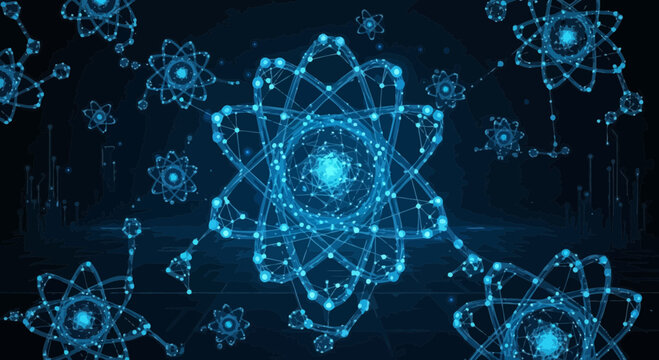 Abstract digital illustration of glowing blue atomic structures and interconnected nodes on dark background