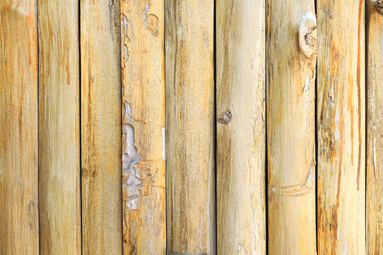 Vertical wooden logs texture background, rustic timber wall backdrop.