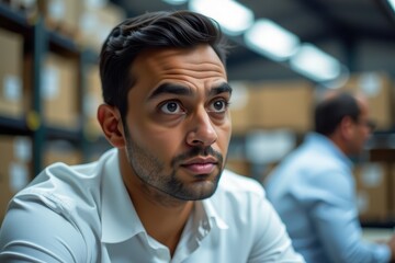 Fototapeta premium Man in white shirt stares intently in warehouse setting