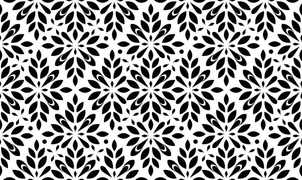 Flower geometric pattern. Seamless vector background. White and black ornament. Ornament for fabric, wallpaper, packaging. Decorative print.