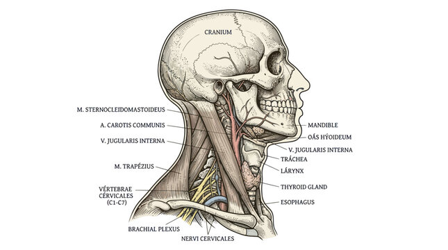Human head and neck anatomy diagram with labeled structures