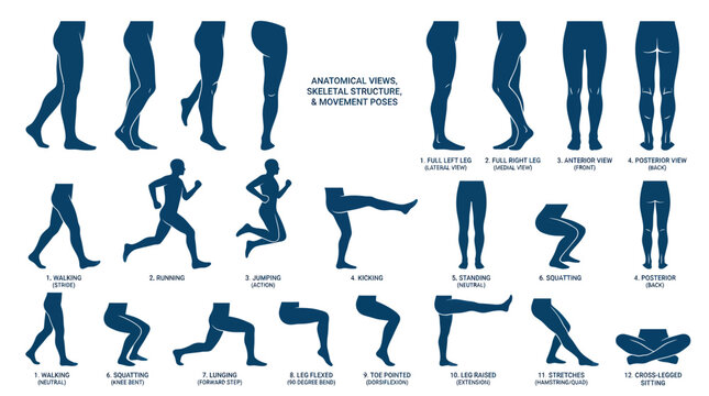 Human leg anatomical views and movement poses silhouette set