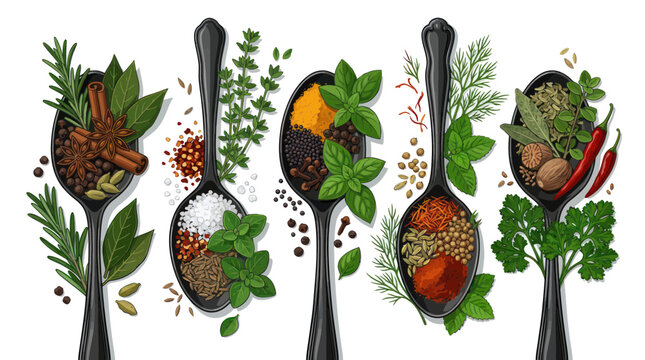 Assorted culinary spices and fresh herbs on vintage spoons