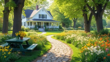 Obraz premium White house with porch sits behind stone path winding through lush flower garden. Green picnic table with yellow flowers sits near blooming wildflowers and trees.