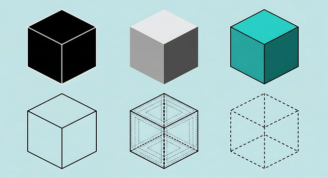 Collection of six geometric cube icons representing different styles of solid and wireframe modeling with geometry wireframe modeling isometric technical structure construction minimalist