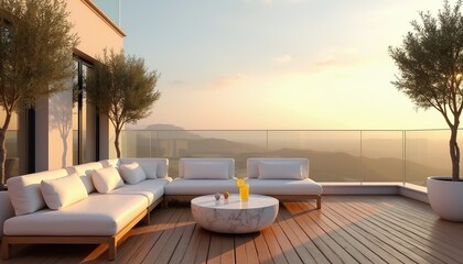 Obraz premium Modern white sofa on wooden deck with ocean mountain view at sunset. Outdoor lounge area with glass railing and olive trees. Citrus drink on marble table.