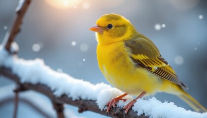 Obraz premium Yellow bird sits on snow covered branch. Small avian creature with bright plumage rests on winter twig against soft blue backdrop. Sunbeam shines.