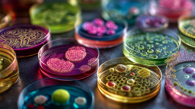 Multiple petri dishes with colorful bacterial and fungal cultures in a scientific laboratory setting.
