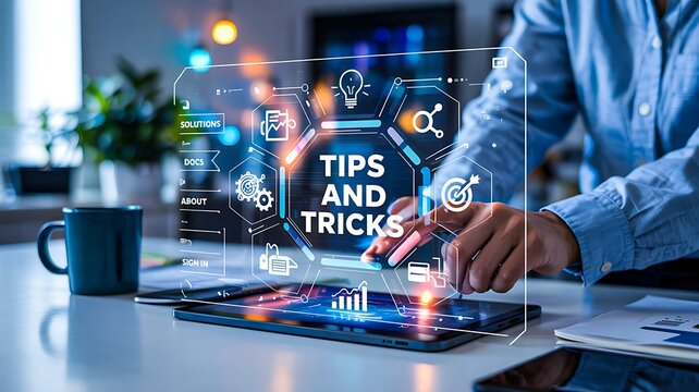 Ai tips and tricks concept with digital business technology dashboard and smart analytics interface