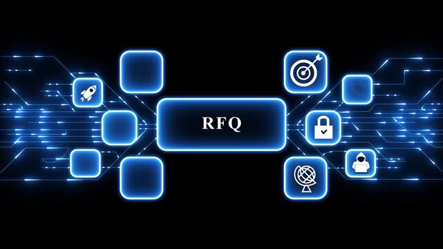 Digital RFQ concept animated with glowing icons representing finance and security. animation,and 4k motion video.
