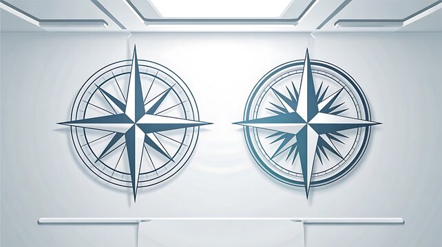 Decorative compass rose symbols on modern white wall with minimalist geometric design