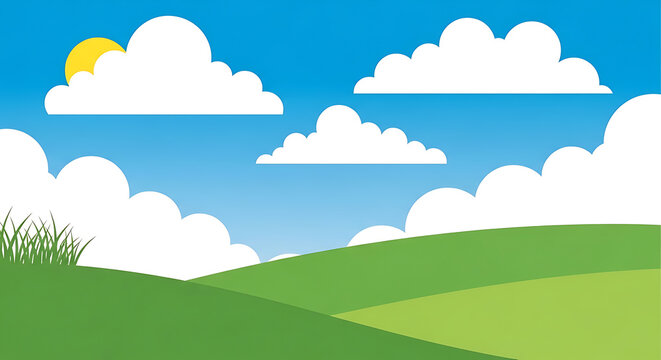 Cartoon style rolling green hills landscape under a bright blue sky with fluffy clouds landscape illustration environment background countryside