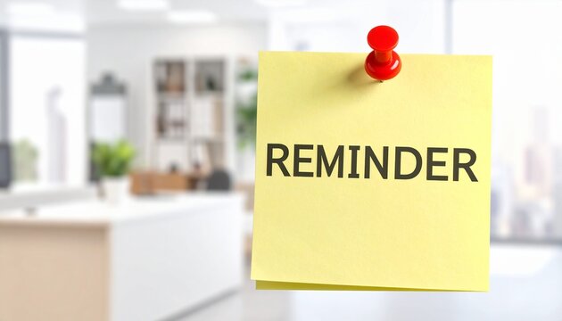 Yellow adhesive memo pad with reminder text attached to office wall reminder business communication information planning