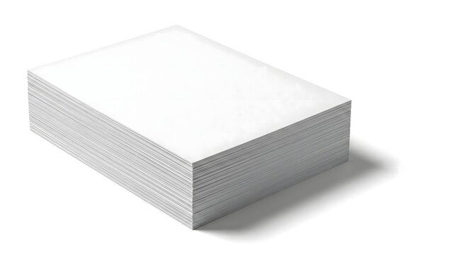 Thick stack of blank white A4 paper isolated on a white background with shadow. Clean minimalist mockup for office documents, printing, paperwork, or business concepts
