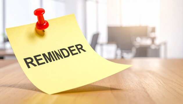 Yellow sticky note with reminder text pinned on wooden office desk reminder business communication information planning