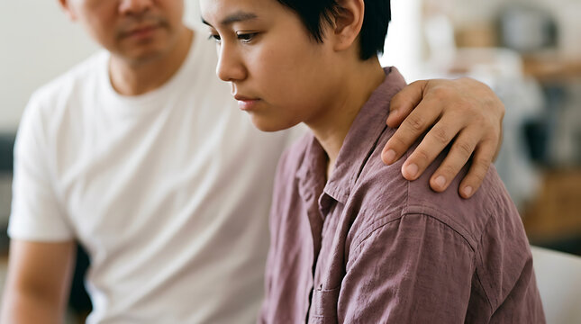 Two men supportive gesture with one comforting the other